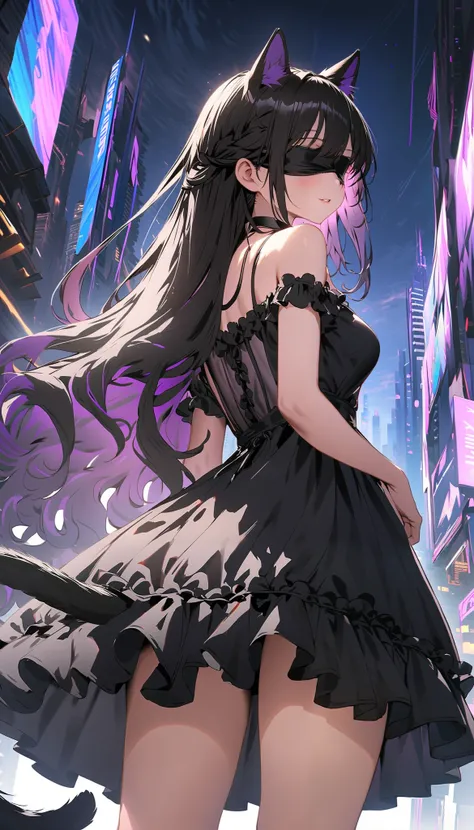 32k, best quality, ultra high res, HDR, UHD, extremely detailed CG, unity 32k wallpaper, (1girl), cute ruffled negligee, black hair, (Purple hair), very long hair, (poney tail), (butt close up), (cyberpunk background), (from below), (from behind), (blindfo...