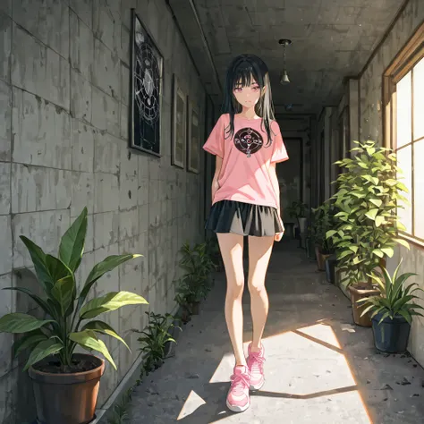 anime style, 17-year-old Indonesian girl with shoulder-length black hair, wearing a plain pastel pink t-shirt, black mini skirt, and pink sneakers. She is walking towards the right (3 o’clock direction), her right side visible, with a natural and relaxed p...