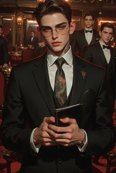 Cassino setting, a 28-year-old man with brown hair, slim and beautiful body, wearing a black suit, transparent glasses on his face, holding a notebook, green eyes, white skin, dragon tattoo on neck. 