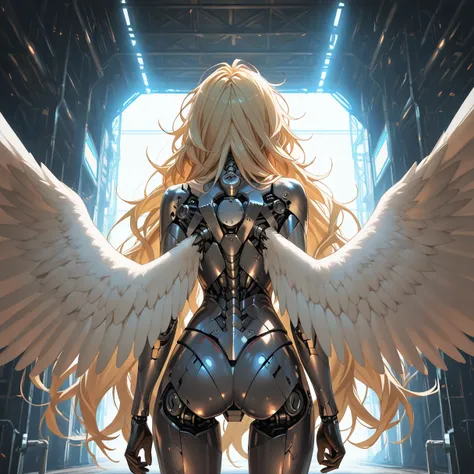 blonde hair, messy hair, very long hair, pov, atmospheric perspective, 8k, super detail, best quality, cinematic lighting, masterpiece, Mechanical body, black steel body parts, large wings growing from its back, detailed face, detailed eyes