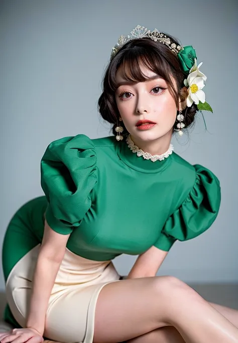 8k,   masterpiece, top quality, Vintage Pinup Style, Woman in a Mint Green Bodysuit, puff sleeve,   black bob hair,  white flower hair ornament , pale skin, Like a porcelain doll劇的なメイク, Green background, Beauty like a thread doll,   Retro Fashion, 1950s In...