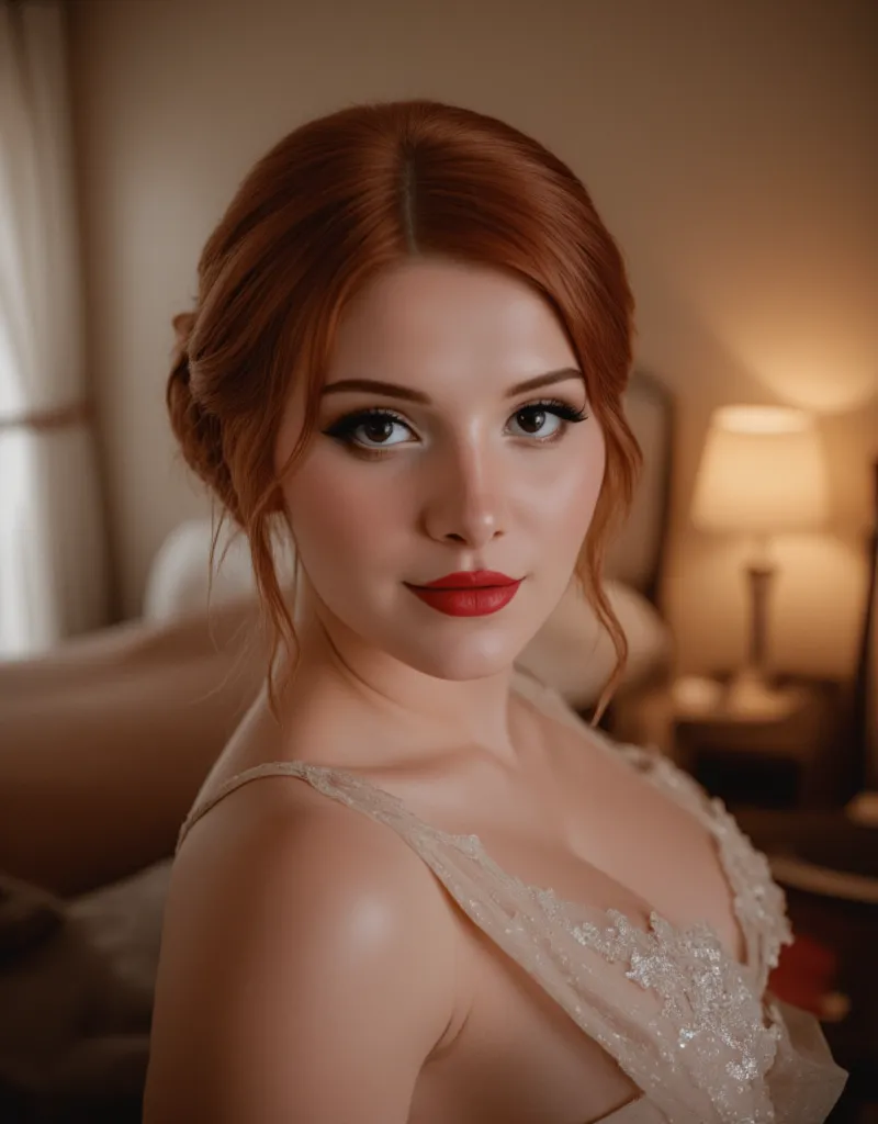 madikat, photorealistic, raw, film photo, red lipstick, standing in a hotel room, wearing a wedding dress, seductive