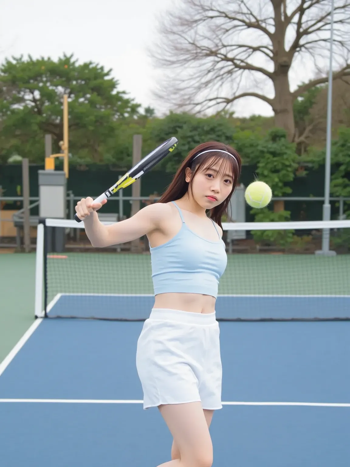 A cute Japanese woman standing on a tennis court, holding a tennis racket. She is captured in the moment of hitting a tennis ball with her racket. The scene shows the dynamic action of the ball mid-air, with her focused expression. She wears a stylish tenn...