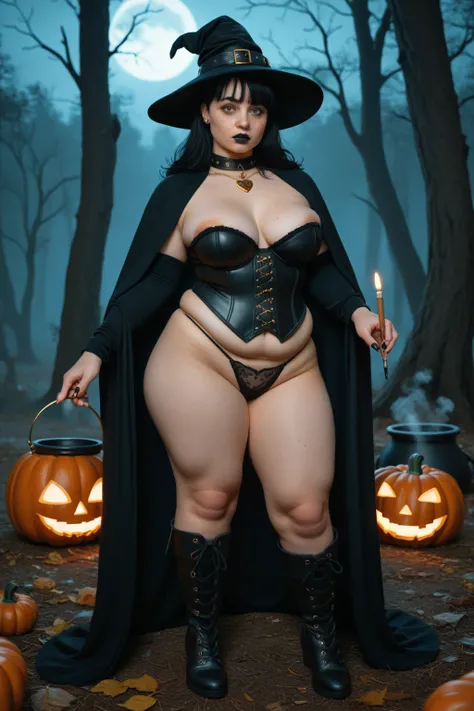 (goth girl), Gwen Tennyson,marker,bulma,Rebecca Chambers, (SHORT GIRL:1.5) ,1 girl,, Outside, witch costume ,gold neck jewelry, VERY LONG HAIR, PARTED BANGS, pumpkin village, PARTED BANGS, PANTIES THONG, , Thick GOLDEN leather HEART belt, Ceremonial Cloak ...