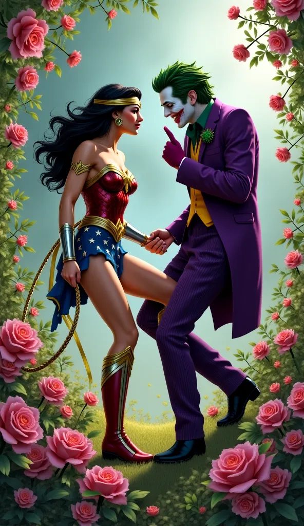 Wonder women standing against a tree and joker lift her leg up , at flower garden, wonder woman is crying loudly.  