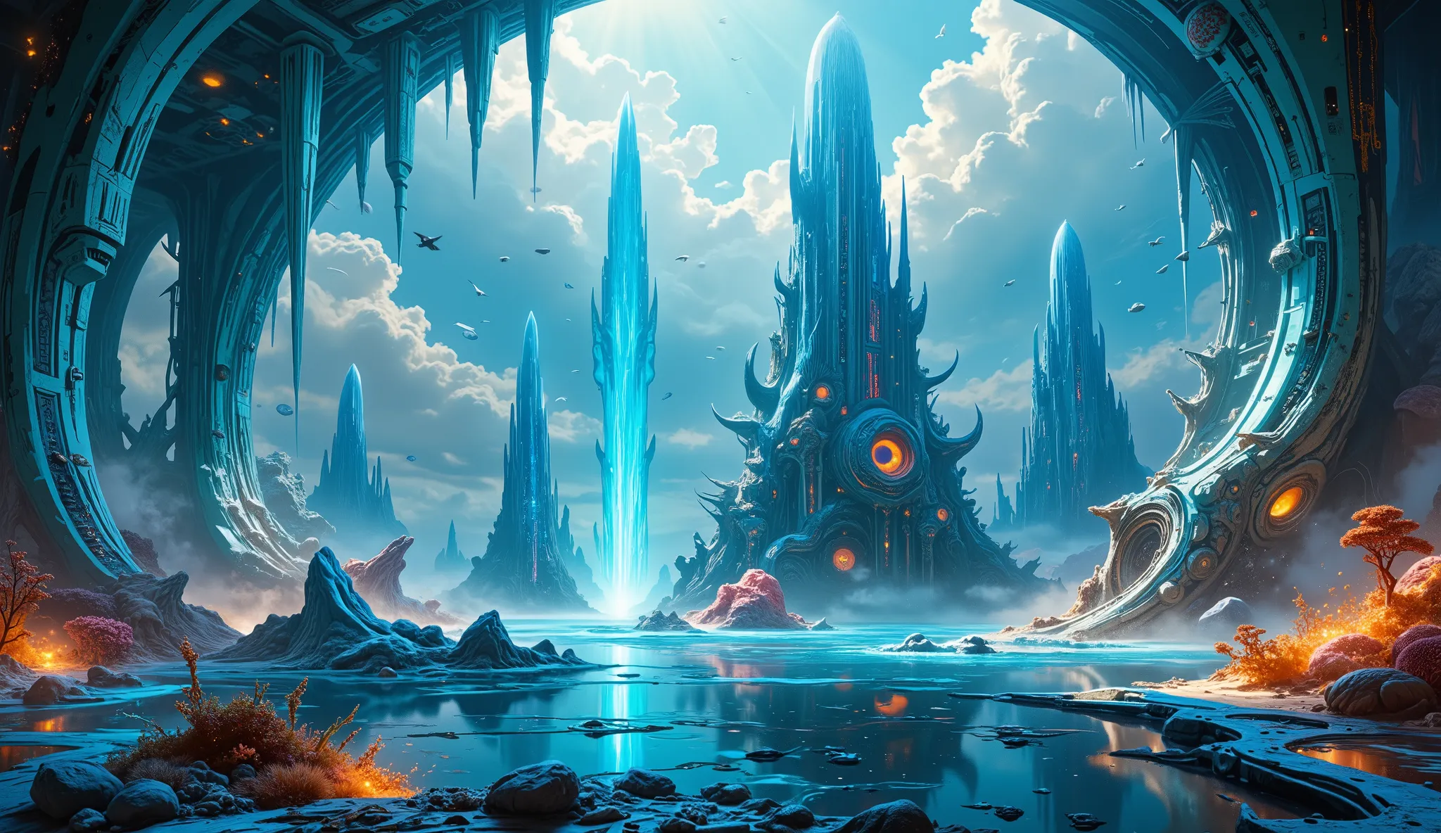 ((Need)), ((Masterpiece)), (A detailed))， Translucent Underwater Ice Palace ， Colorful City of Atlantis ，Colorful Underwater Realm ， Futuristic Underwater City ， futuristic technology ， Alien Technology ， Colorful Magical Sea Creatures ，Marvel universe，fut...