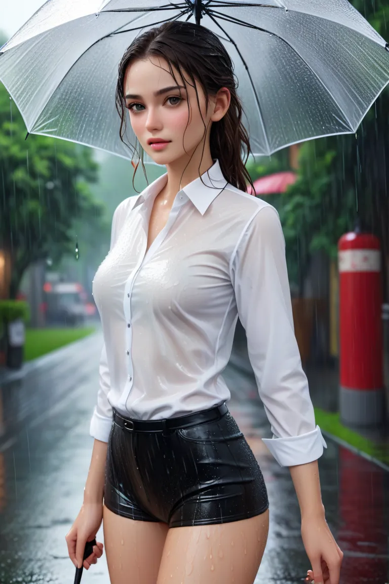 Masterpiece, extremely detailed CG unity 8k wallpaper, 1 girl, beautiful girl, realistic, sexy tight white shirts, rainy, very wet white shirts, nonuse umbrella,