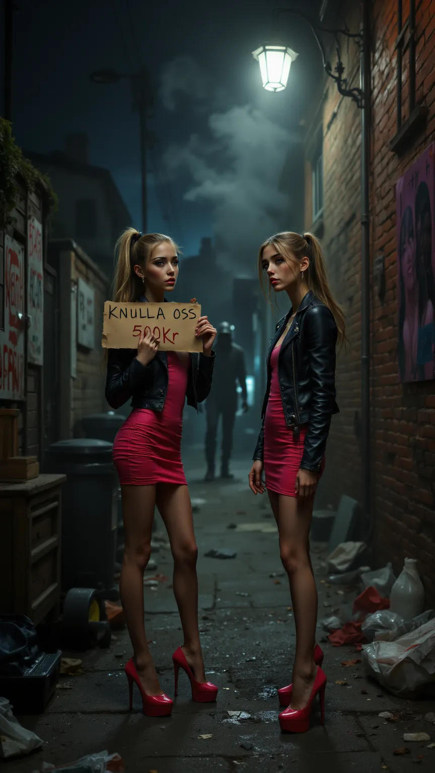 A realistic cinematic depiction of two beautiful young skinny aorexic women, aged 17 to 19, standing together on a deserted dark Back alley at night, the back alley are full ov trash and trashcans, (One of the girls is holding an hand whitten paper sign Te...