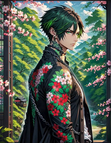 quality masterpiece, anime style, solo, male, skinny, muscular definition, black emo hair, ((green highlights in hair)), (scruffy short hair), ((Green eyes)), Ear gauged, Spiked Collar, Nails black painted, body covered in Flower tattoos, Wearing Black Dus...