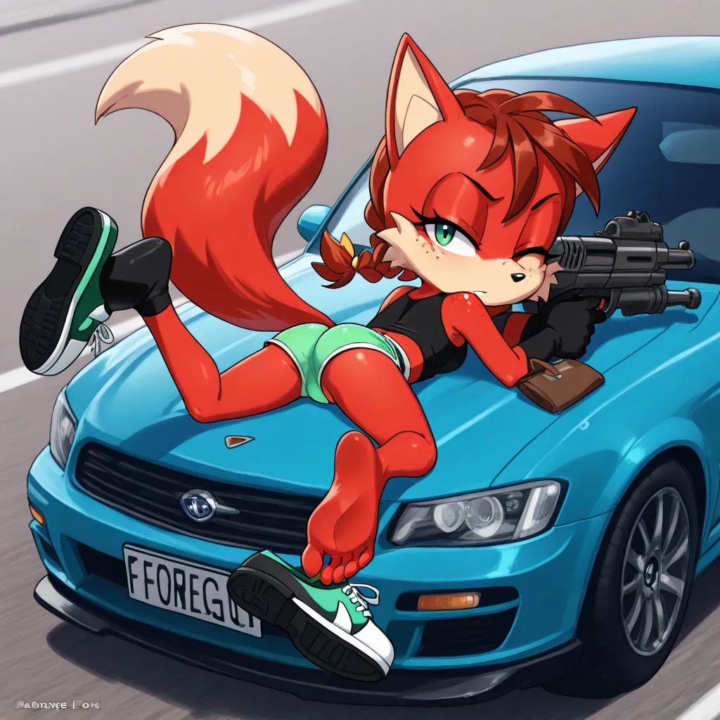 an orange fox girl laying on top of a car with a gun, freckles, 1girl, motor vehicle, furry female, furry, ground vehicle, one eye closed, car, solo, on stomach, lying, ass, shoes, single shoe, green eyes, braid, tail, shoe dangle, animal ears, body freckl...