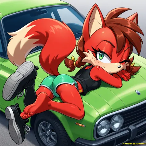 an orange fox girl laying on top of a car with a gun, freckles, 1girl, motor vehicle, furry female, furry, ground vehicle, one eye closed, car, solo, on stomach, lying, ass, shoes, single shoe, green eyes, braid, tail, shoe dangle, animal ears, body freckl...