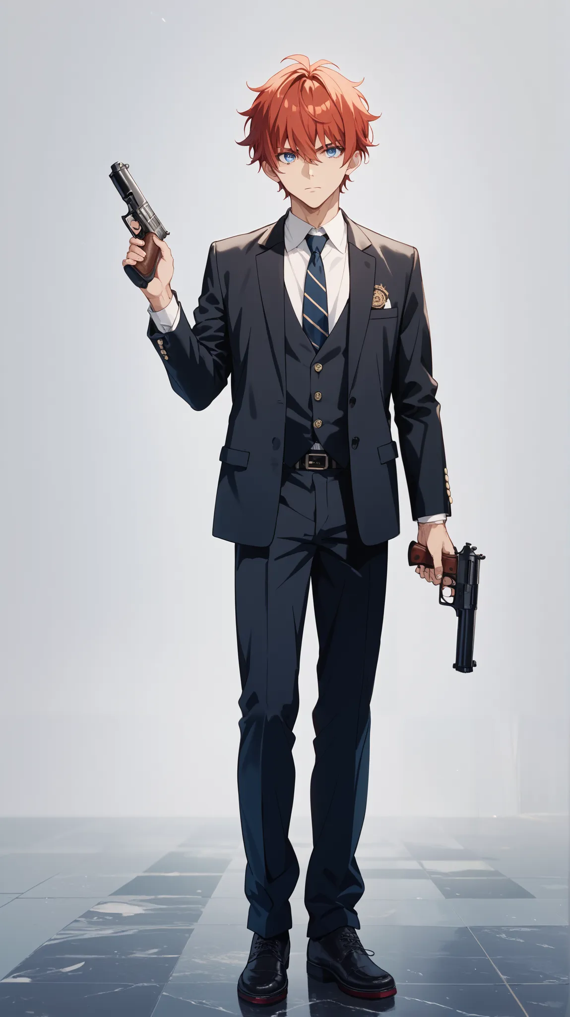  Sanpaku, 20years old, man, suit, White background, illustration, full body, wide shot, front view, middle aged,  standing,  stylish pose, looking at viewer, Red hair, blue eyes、spy、bangs to hide one eye、Thief、Investigator、grinning、slender、black cool suit、...