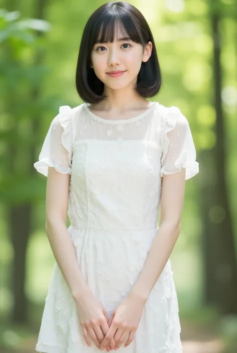 Photorealistic，Ultra High Precision，TOP QUALITY，TOP QUALITY，8k，RAW photo，very detailed， Ultra High Definition ，( very cute Japanese girl)，whole body，1 person，facing the front， Early morning forest ， bright sunlight pouring in，backlight， white simple micro ...