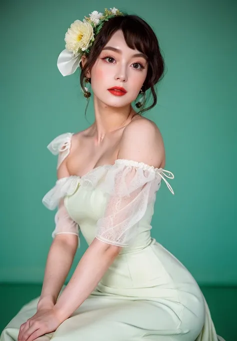 8k,    masterpiece, top quality, Vintage Pinup Style, woman in a mint green bodysuit that looks like a porcelain doll, puff sleeve,    black bob hair,   white flower hair ornament  , pale skin, Like a pottery doll劇的なメイク, Green background, Beauty like a thr...