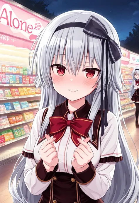  masterpiece, TOP QUALITY,very detailed,8k, high resolution, scenery,  latest,Alone,1 girl,shop, long hair, Gray Hair,red eyes, headband, On a uniform,  school uniform,bow,smile, ,viewers,Finger Heart, raise hands , upper body,smile, null,星null_null,  nigh...