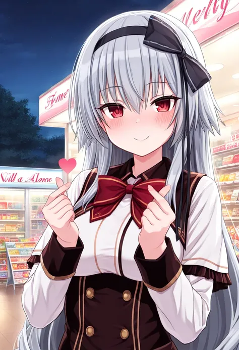  masterpiece, TOP QUALITY,very detailed,8k, high resolution, scenery,  latest,Alone,1 girl,shop, long hair, Gray Hair,red eyes, headband, On a uniform,  school uniform,bow,smile, ,viewers,Finger Heart, raise hands , upper body,smile, null,星null_null,  nigh...