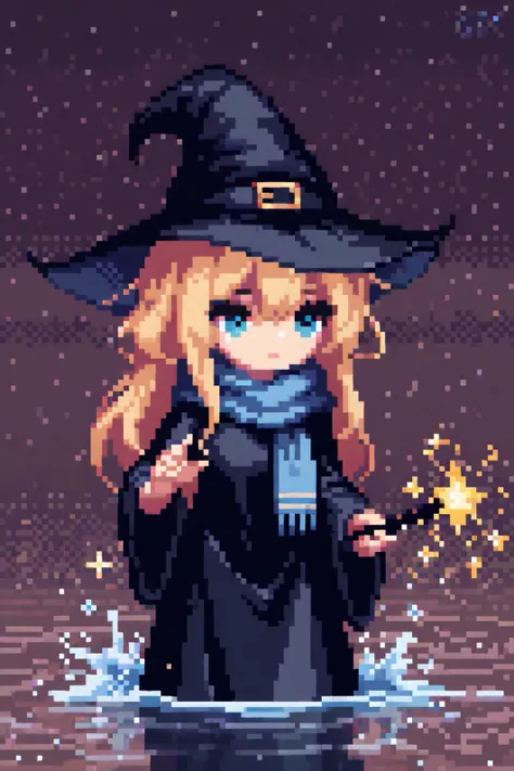 TOP QUALITY, beauty, masterpiece,  one woman, Pixel art,  witch hat ,  black robe , Blue scarf, Light blonde,  long hair,  disheveled hair,  magic wand on water, wizard, 