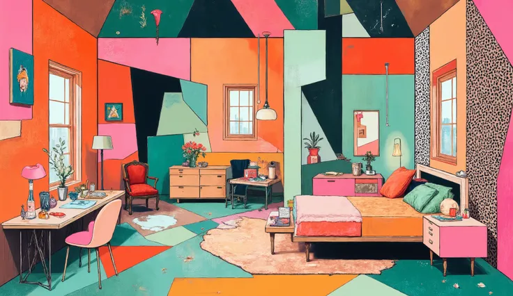 Inside the cubist house, every element is fragmented into angular, geometric shapes. The walls are a collage of intersecting planes in shades of orange, teal, and magenta, with abstract patterns and forms breaking the space into multiple perspectives. Furn...