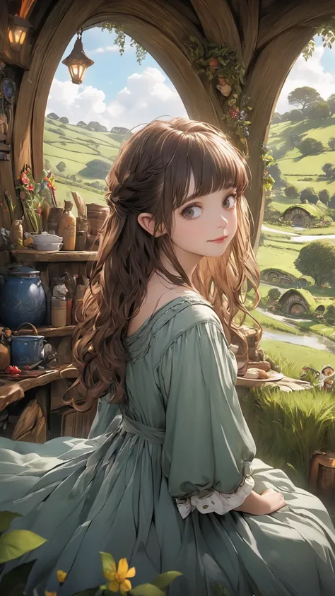   extremely realistic、High quality texture、 high definition、top quality、High Details、Tim Burton's Style、The young hobbit girl、Hobbiton、
