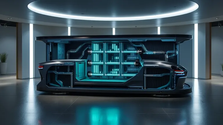 A realistic rendering of the Rimac Nevera’s battery pack cutaway inside the showroom, highlighting the cooling system and advanced energy management. The bright LED lighting enhances the technical details.  
