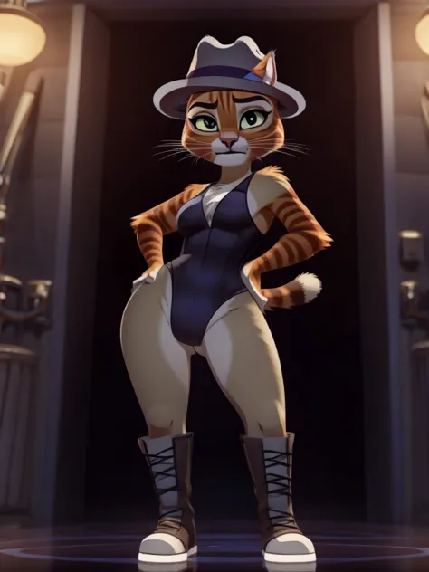 Puss in Boots, DreamWorks Animated, Leotard,((Wearing a fedora hat)), 3:1 Hip to leg ratio