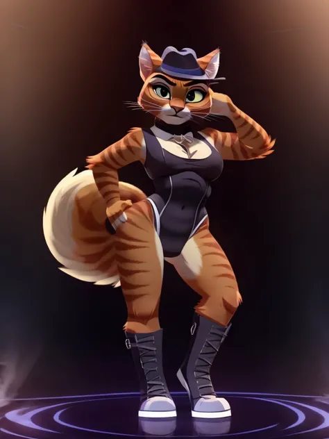 Puss in Boots, DreamWorks Animated, Leotard,((Wearing a fedora hat)), 3:1 Hip to leg ratio