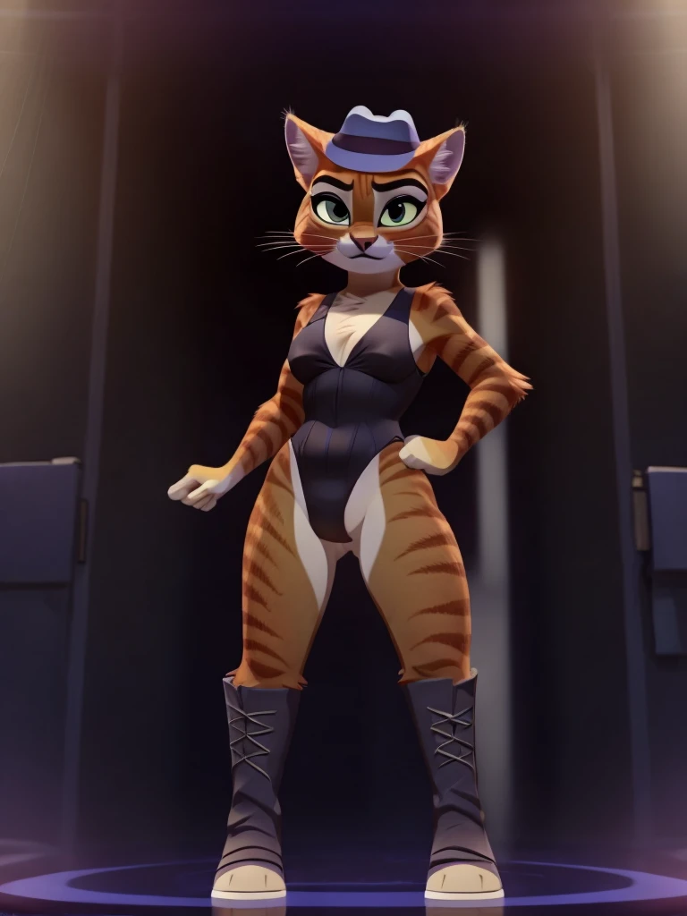 Puss in Boots, DreamWorks Animated, Leotard,((Wearing a fedora hat)), 3:1 Hip to leg ratio