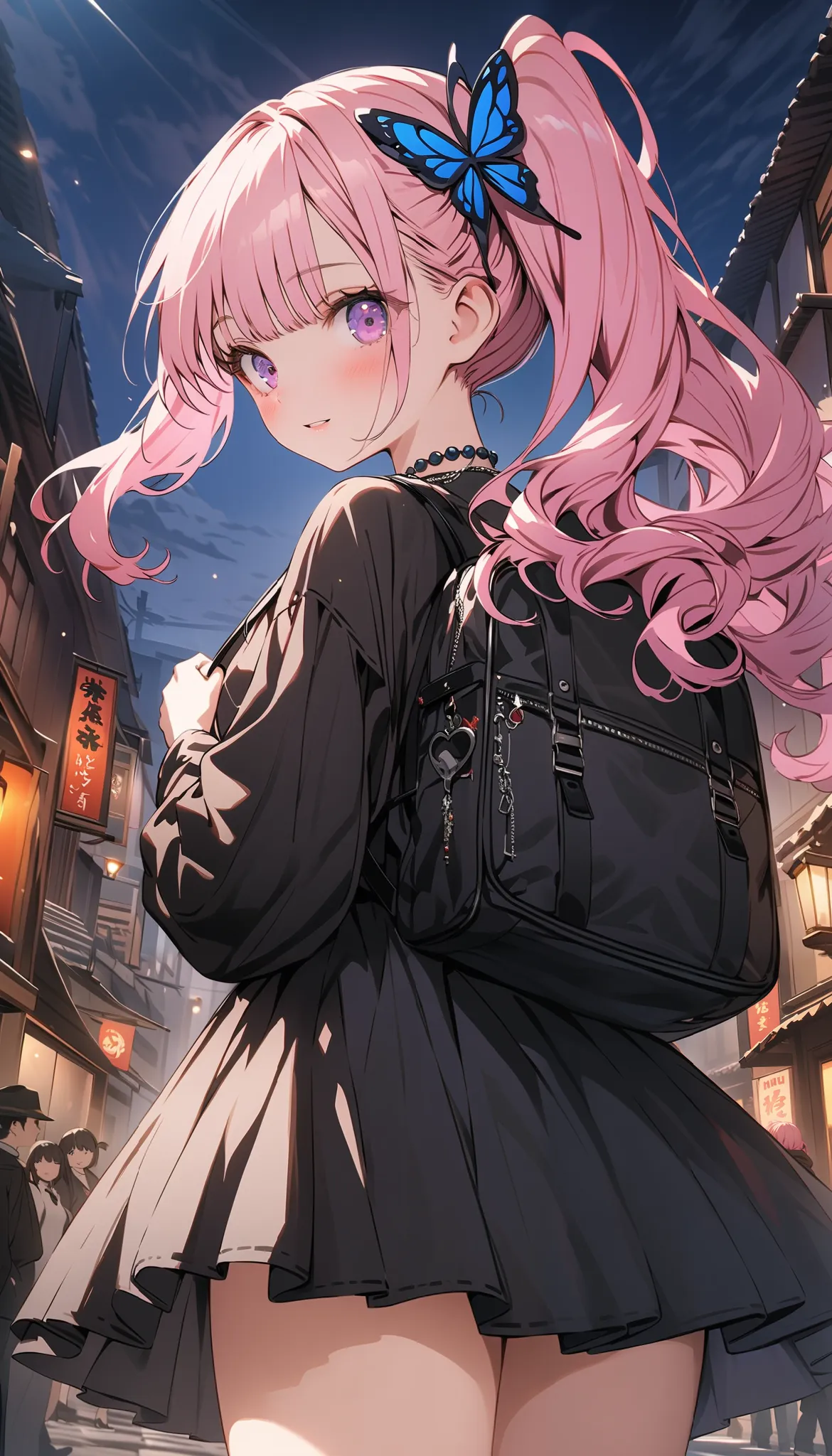 32k, best quality, ultra high res, HDR, UHD, extremely detailed CG unity 32k wallpaper, (((cute gal))), (streets of the world background), ultra quality hair, pink hair, ultra quality eyes, purple eyes, side ponytail, (butterfly hair ornament), peek from b...