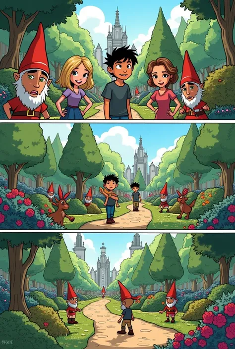 Create a three-vignette comic about the lightning thief Percy Jackson chapter 11 we visited the empire of garden gnomes