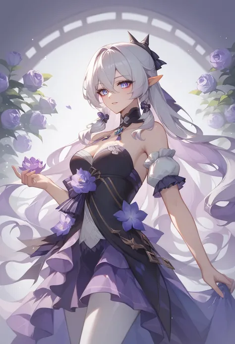 Castorice_HonkaiStarRail. palid skinned adult woman slanted margin-collor eyes lips serius, elf ears, bright white shoulder-lenght straight white hair and back long hair violet locks, She uses a black crown with purple little gens decals, purple and white ...