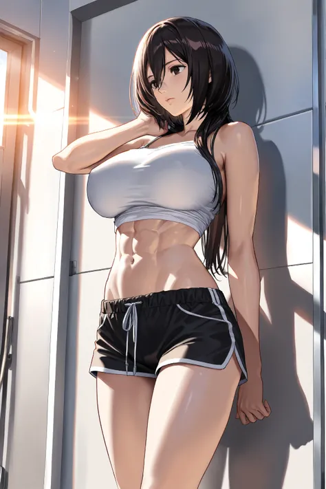 ((Big Breasts,  long hair,  small head)), daylight, sunlight, ( clear abs : 1.1), (perfect body: 1.1), (short hair: 1.2),  black hair,  color, Lock, naked、panties, (( shorts)), ( Highly Detailed CG 8K Wallpaper ), (very delicate and beautiful), ( masterpie...