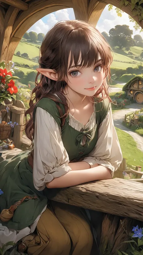   extremely realistic、High quality texture、 high definition、top quality、High Details、The young hobbit girl、Hobbiton、
