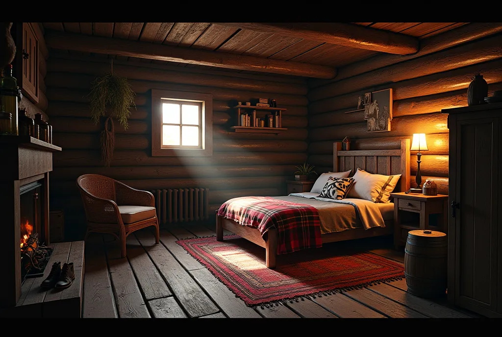 poorly lit bedroom, dark room, dimly lit room, photorealistic bedroom, bedroom painting, Poorly lit bedroom, background of a private room, inside a room, a room in a log house, photorealistic dark concept art, one small night window with beige curtains, a ...