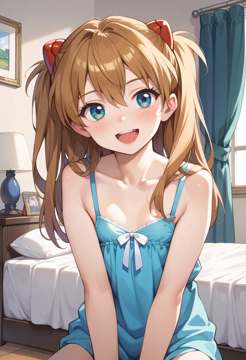 ((TOP QUALITY)), ((masterpiece)), (be familiar with),  perfect face, indoors, bedroom, watching viewers,
One woman, Soryu Asuka Langley,
open mouth, ecstatic expression, blush, smile,
 small tits,  flat chest, Young girl,  lori,  ,  girl,
 long hair, two s...