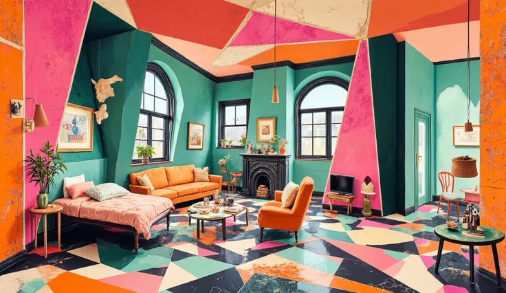 Inside the cubist house, every element is fragmented into angular, geometric shapes. The walls are a collage of intersecting planes in shades of orange, teal, and magenta, with abstract patterns and forms breaking the space into multiple perspectives. Furn...