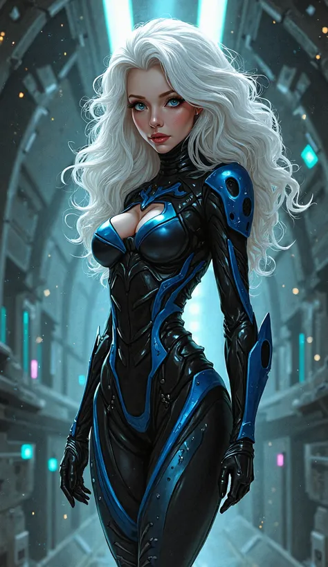 Create a highly detailed illustration of a white woman with long, flowing curly white hair and striking blue eyes. She has pale, fair skin and an hourglass silhouette, wearing a sleek, full-body armor suit made of advanced materials that provide both prote...