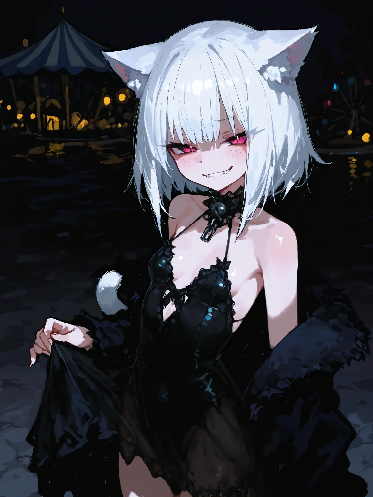 (best quality), best resolution, polished, detailed, amusement park, 1girl, catgirl, lewd, beautiful clothes, beautiful girl, lewd smirk, fangs, small breasts, white hair, detailed eyes, 4k, best quality shadows, shiny, 748cmstyle,