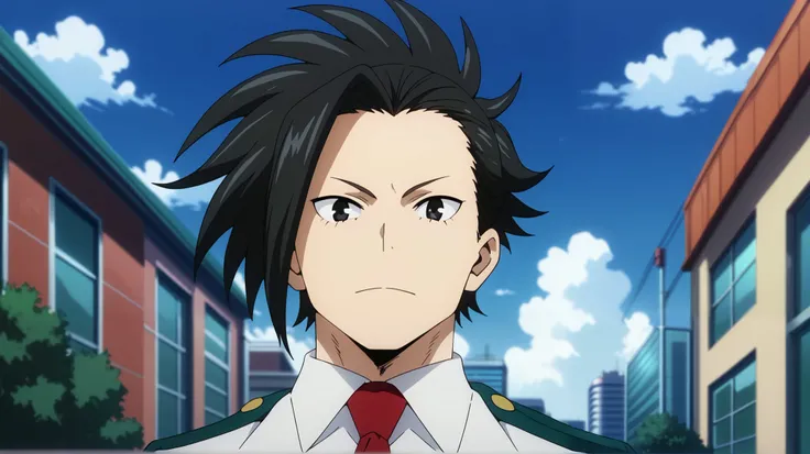  momo yaoyorozu, 1boy ,solo,short hair, handsome man, pulled back,shirtu.a. school uniform,scholl uniform,red necktie,necktie,, BREAK outdoors,blue sky,cityscape,cloud,tree,  looking at viewer 