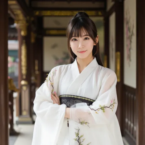 A beautiful Asian woman wearing a traditional Hanfu stands in a grand corridor with high ceilings and intricate architecture. Her Hanfu is white with delicate, nature-inspired designs, including branches and flowers, on the sleeves and lower part of the dr...