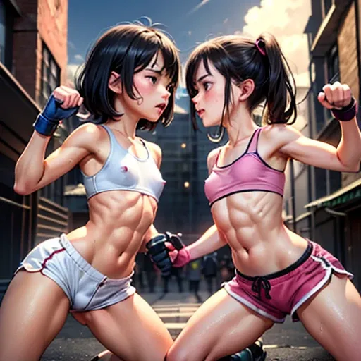 (((dynamic battle action))), (((A male and a female stand squarely facing each other))), (((they are fighting so hard in the back-street))). (((they are punching each other))). (((they are glaring at each other))), a cute Japanese (((girl fighter))) is fig...