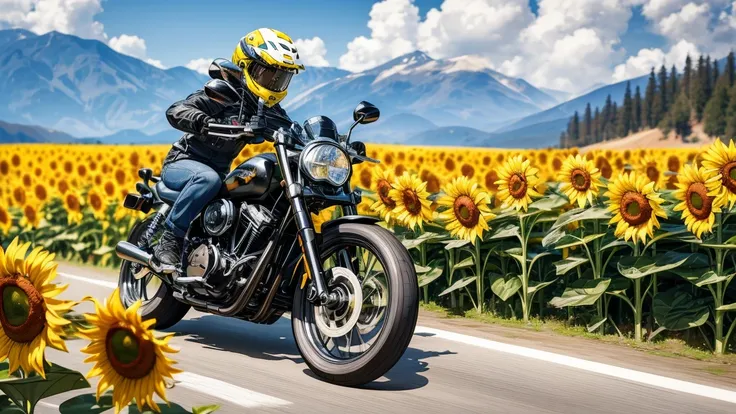 ((Masterpiece:1.3, Best Quality, hight resolution, nffsw, Perfect Pixel,  4K, nffsw, nffsw))), 1girl in, Off-road motorcycle driving on spring country roads、18-year-old girl、jet helmet、((July scenery: sunflower fields, hot sunshine)), She has both hands on...