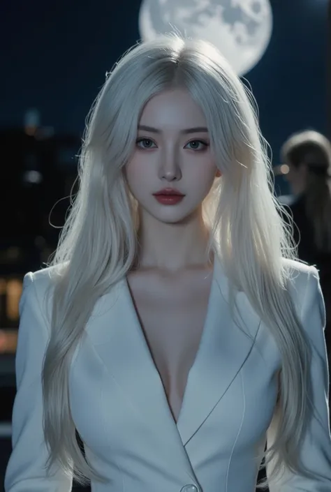 (whole body),  backlit, masterpiece,  Best Quality, (solitary focus), ( perfect face :1.1), ( High detail:1.1),dramatic, 1 person, (white skin), long white hair, White eyes, solitary, long hair, moon, night, White Luxury Suit, vampire, 【Cover navel,  Lips ...