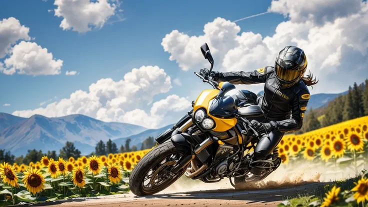 ((Masterpiece:1.3, Best Quality, hight resolution, nffsw, Perfect Pixel,  4K, nffsw, nffsw))), 1girl in, Off-road motorcycle driving on spring country roads、18-year-old girl、jet helmet、((July scenery: sunflower fields, hot sunshine)), She has both hands on...