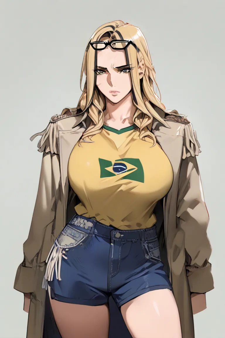 1 , girl, Long hair, fringe,  blonde hair, fringe entre os olhos,straight bangs, black highlights,big boobs,  big jacket,  Seductive woman, in a serious face, Brazil shirt,High resolution, Anatomically correct, best quality, Necessary,  High quality, tall ...