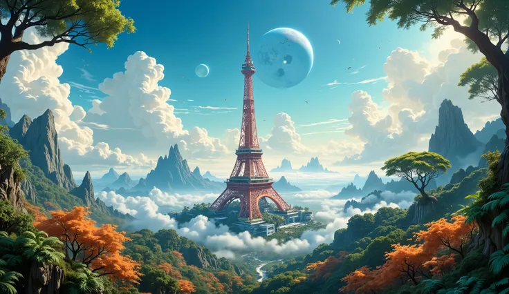 Masterpiece, The Tokyo Tower Japan, a large forest ,  clouds everywhere ,  A planet in the sky , la torre de tokyo muy  Detailed, beautiful forest of stunning color, clouds all over the landscape, beautiful planet , wallpaper, 4k, HD,  Detailed, 8K, Backgr...