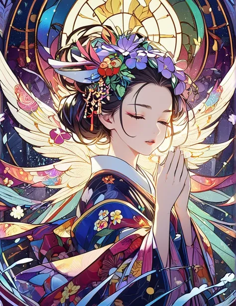   stained glass、 portrait、Beautiful Goddess、Amaterasu、  kimono、  eye closed ,   gorgeous hair ornament  、paper cut the front in the middle、prayer、