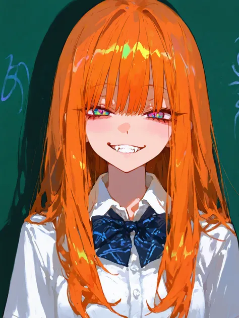 (best quality), best resolution, polished, detailed, school, 1girl, school uniform, crazy, beautiful girl, lewd smirk, fangs, small breasts, orange hair, long hair, (messy hair:0.6), colorful eyes, detailed eyes, 4k, best quality shadows, shiny, 748cmstyle...