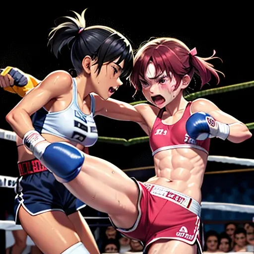 (((dynamic battle action))), they are (((((beating each other's body and face by fist and leg))))) so hard. two (((bloody)))) cute Japanese (((girl fighters))) are fighting in the octagon fighting ring of underground arena with audience. they are covered i...