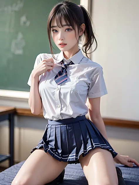 young girl, Best quality, masterpiece, ultra high res, (Authentic skin texture:1.3), (Highly detailed beautiful faces), Amazing faces and the most eye-catching qualities:1.4), full body, amazing face and eyes, a pink eyes, (tight high school school uniform...