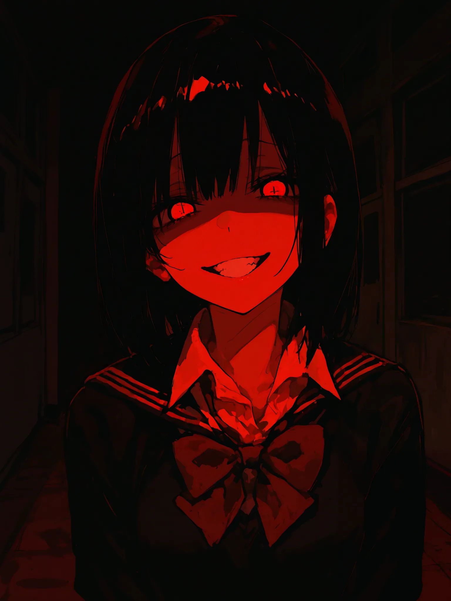 (best quality), best resolution, polished, detailed, school, 1girl, yandere, crazy, school uniform, beautiful girl, evil smile, small breasts, short hair, glowing eyes, detailed eyes, 4k, shiny, 748cmstyle